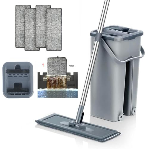 Mopa para Limpiar Azulejos Paredes Suelos Mopa Fregona con Cubo Escurridor Fregona Plana Cubo con 6 Almohadillas Autoescurrible Parquet Madera Ventanas Mop Bucket Trapeadora Gamuza