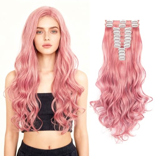 JIAMEISI Pink Hair Extensions Clip In 22 Inch Full Head Long Wavy Extension | Synthetic Fiber 12Pcs Double Weft Hairpiece for Women 180g #Pink