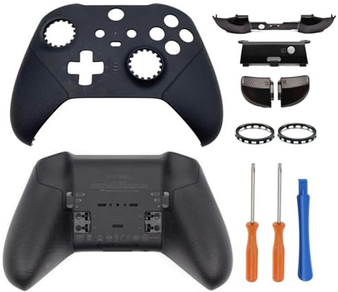 Hzxkqmil Ersatz-Gehäuse-Set für Xbox Elite Wireless Controller Series 2 - Schwarz, Vordere Schale Hintere Abdeckung Faceplate + LB RB Auslösetaste Bumper LT RT-Taste Joystick-Ringe Zubehör