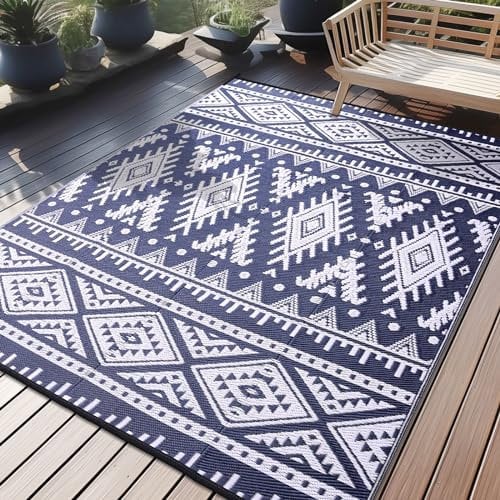 Homaxy Outdoor Teppich Wetterfest, Kunststoff Stroh Faltbar Waschbar UV-beständig Wendbar Balkon Garten Teppich für Terrasse Camping Picknick (180 x 270 cm, Marine Blau & Weiß)