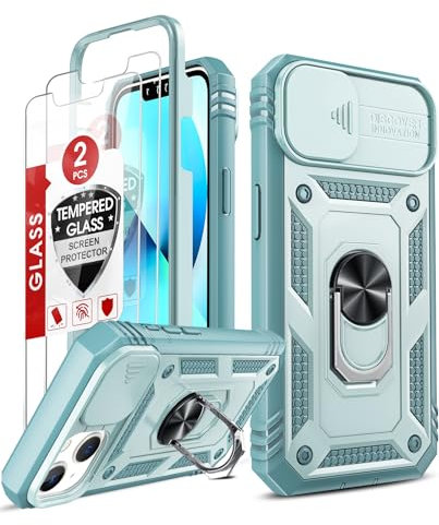 LeYi für iPhone 13 Hülle mit [2 Schutzglas] Militärschutz Armor Handyhülle für iPhone 13 Case mit Kameraschutz & 360° Drehbarer Metal Ring Halter Ständer Schutzhülle, Grün