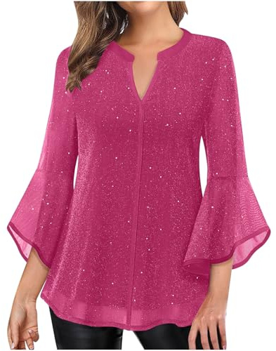 Femme Blouse à Paillettes Col Croisé en V Cache-Cœur Pailletté à Manches 3/4 à Taille Plissée Haut à Sequins Chic et Élégant Haut a Paillette Femme Soiree Disco Chemisier Tenue de Fete Pas Cher