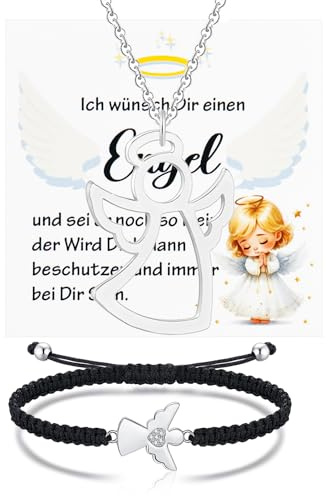 Schutzengel Armband Damen Silber (verstellbar) und Glücksbringer Halskette | Schutzengel-Schmuckset mit Grußkarte + Geschenkbox, Taufgeschenke Kommuniongeschenk für Mädchen Jungen