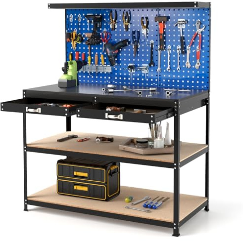 GYMAX Werkbank mit Lochwand, Arbeitstisch mit 24 Werkzeughaken, 2 Schubladen & offenen Regalen, Werkzeugbank bis zu 230 kg belastbar, robuste Werktisch für Garage, Werkstatt & Zuhause (Blau)