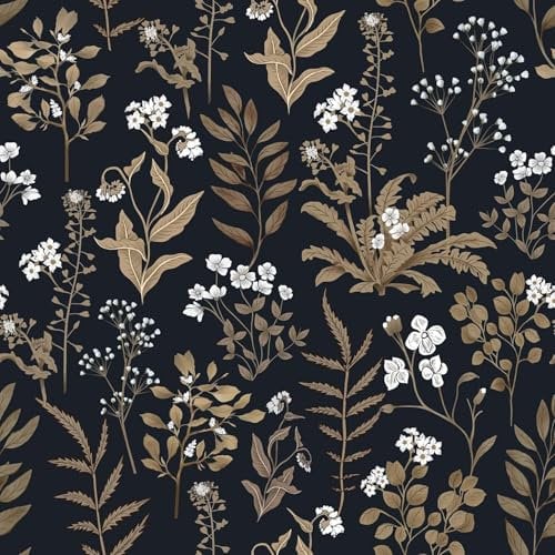 Abyssaly Black and Gold Wallpaper Dark Floral Peel and Stick Wallpaper Vintage Leaf Contact Paper Vinyl Self Adhesive Moody Wall Paper for DIY Furniture Bookshelf Cabinets Decor 17.3 x 196.8