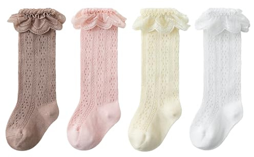 QKURT 4 pares de calcetines para niñas pequeñas, medias de algodón con encaje, calcetines largos de verano de malla fina para niños pequeños de 6 meses a 3 años