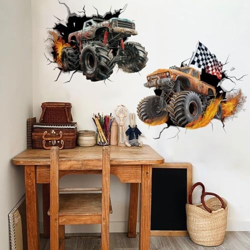 Runtoo Monster-Truck-Wandaufkleber für Jungenzimmer, 3D-Rennwagen-Wandaufkleber, Kinderzimmer, Spielzimmer-Dekor