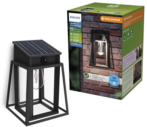 Philips Lysin UltraEfficient Solar-Wandleuchte für den Außenbereich, austauschbare Solarlampe, Bewegungssensor, 4000K kaltweißes Licht, Schwarz