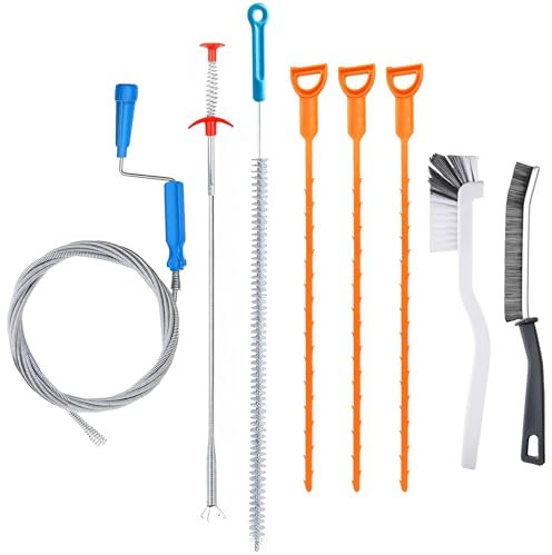 Drain Snake Toilet Unblocker Tool - 2M or 3MSink Drain Plumbing Unblocker Wire, 50CM Drain Weasel, 60CM Toilet Auger Hair Clog Remover with Claw, 70CM Sink Cleaning Brush, 6PCS (Orange# 3M&Brush)