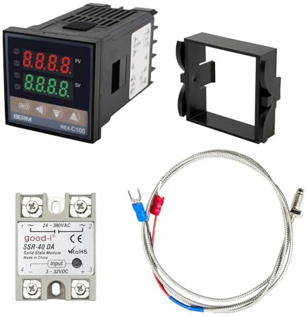 REX-C100 PID Temperature Controller Kits, AC85-265V Digital Intelligent Thermostat 0-999°C with 40A Solid State Relay and K Thermocouple 0-400°C, for Industrial Equipment/Greenhouses/Water Tanks (1)