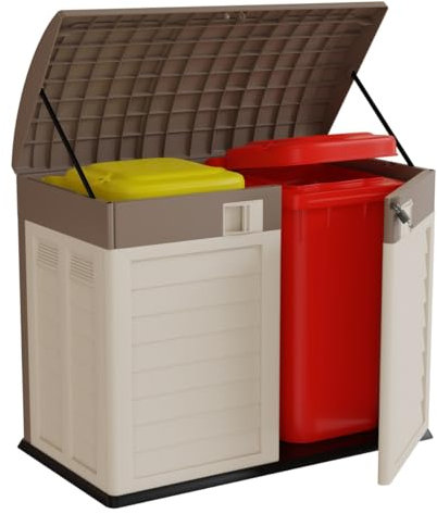 Art Plast - Coffre de jardin 1500L - Abri Poubelle de Tri Polypropylène Ecru Taupe - Verrouillable par Cadenas