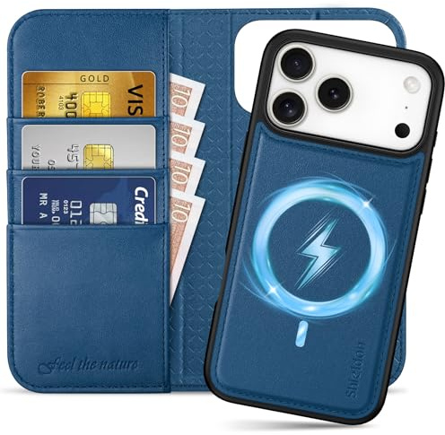 Shieldon Etui 2 en 1 Cuir Véritable pour iPhone 17 Pro Max 6.9, Bleu Royal | Coque Amovible Portefeuille, RFID Blocage, Recharge sans Fil, Anti-Choc Housse Magnétique Détachable, 5G 2025