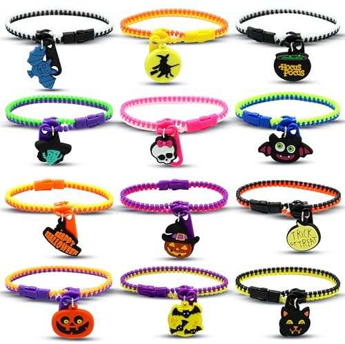 12 Stück Halloween Reißverschlussarmbänder, Freundschaftsarmband für Kinder | Halloween Mitgebsel mit Reißverschluss-Design und Motiven für Party, Klassenzimmer-Belohnungen, Schatzkiste und Karneval