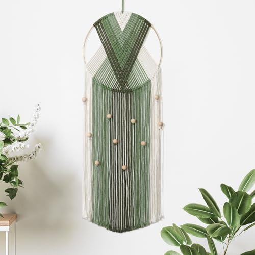 Makramee Wandbehang Grün Beige Traumfänger Quasten Wandteppich Boho Wanddeko Makramee Tapisserie Handgemacht Gewebte Wandteppich mit Holzperlen für Schlafzimmer Wohnzimmer Kinderzimmer Deko