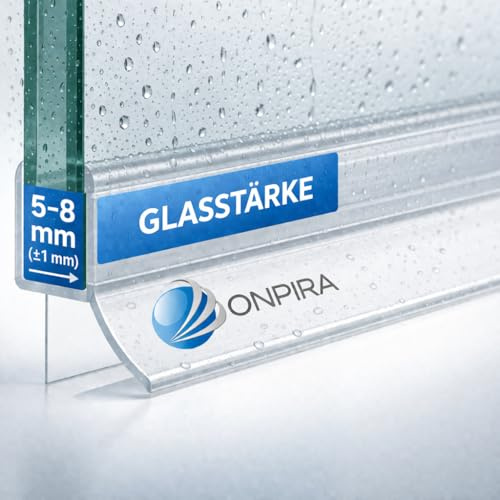 Onpira® Duschdichtung Glastür 5–8 mm – Türdichtung Dusche PVC transparent, Wasserabweiser, Spritzschutz – in 6 Längen 44–100 cm, kürzbar, Ersatzdichtung für Duschtüren (Transpararent, 90cm)