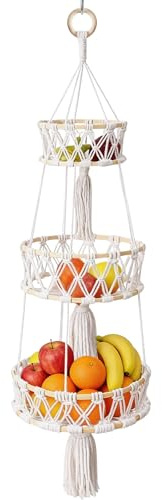 Sayudar 3 Stöckig Obstkorb Hängend - Vegetable Basket, Bambus Obst Hängekorb, Hängekorb Küche, Obst Aufbewahrung Hängend, Boho Hanging Baskets, Suitable for Kitchen Living Room (110cm)