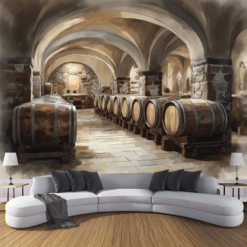 Seide Fototapete Mauer Aus Gereiftem Wein 3D Effekt Tapeten Vintage-Weinkeller XXL Wandtapete Wand Dekoration für Wohnzimmer, Kinderzimmer, Schlafzimmer, Tv - 350x250cm, Braun