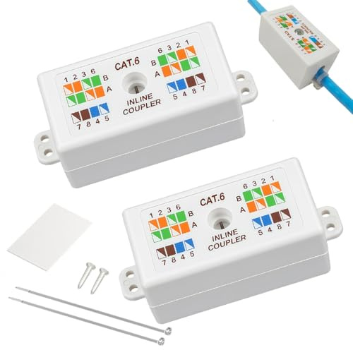 2 PCS Cat6 Unshielded Ethernet Junction Box 110-Type Punch Down In-Line Coupler for Network Cable Extension & Repair - RJ45 Compatible Connector for LAN, Powerline and Internet (White)