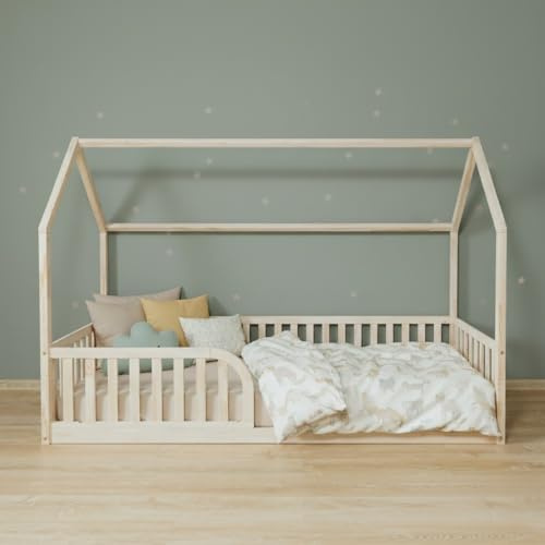 Mandrele Milava Montessori Bett 90x200 cm, Hausbett mit Lattenrost, Bodenbett, Kinderbett aus Kiefernholz mit 40 cm Rausfallschutz, Einstieg Links oder rechts montierbar, Natur