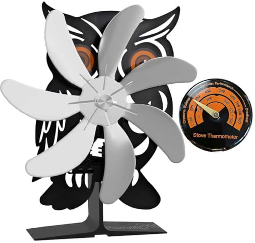 ILOKNZI Ventilateur de poêle à bois à 7 pales - Fonctionnement à la chaleur - Design hibou - Avec thermomètre - Silencieux et efficace - Ventilateur durable pour poêles à bois et cheminées