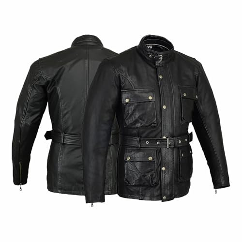 Bikers Gear UK Blouson style Retro Café Racer Bonnie 100% cuir de Bovin noir avec ligne Rouge Oxblood sur les manches