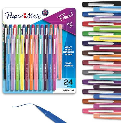 Paper Mate Flair Felt Tip Pens, Medium Point, Assorted Colors, 24 Count - Home, Office, Back to School, Teacher Supplies