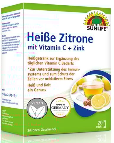 SUNLIFE Heiße Zitrone mit Vitamin C & Zink - 1x20 Pulver Sticks - Nahrungsergänzung zur Unterstützung des Immunsystems - pro Tagesdosis 160 mg Vitamin C & 5 mg Zink - Zitronen Heißgetränk