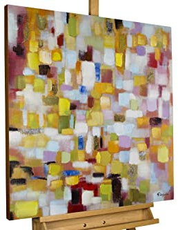 KunstLoft Leinwandbild | 100% HANDGEMALT | 80x80cm | Gemälde 'Flickenteppich in Pastell' | Abstrakt | Bunt Gelb | Wandbild Wohnzimmer