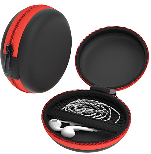 EAZY CASE Universal Tasche für In-Ear Kopfhörer mit Netzfach - Hardcase Aufbewahrungsbox, Schutztasche mit umlaufenden Reißverschluss, extra klein, rund, Rot