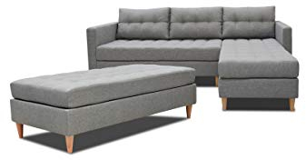 Selsey Kopenhagen - Ecksofa / Polsterecke Stoffbezug in Hellgrau Schlaffunktion und Hocker mit Stauraum, 220 x 150 x 88 cm