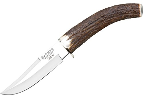 Joker Cuchillo de caza Luchadera CC71, con mango de asta de ciervo, hoja de 11 cm, contiene funda de cuero de color marrón, Herramienta de pesca, caza, camping y senderismo