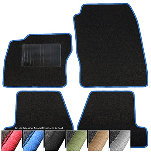 moto-MOLTICO Fußmatten Auto - Velours Autoteppiche passend für Ford Ka II (2008-2016) - 4-teiliges Set - Schwarze Automatten mit Blauen Ziernähten