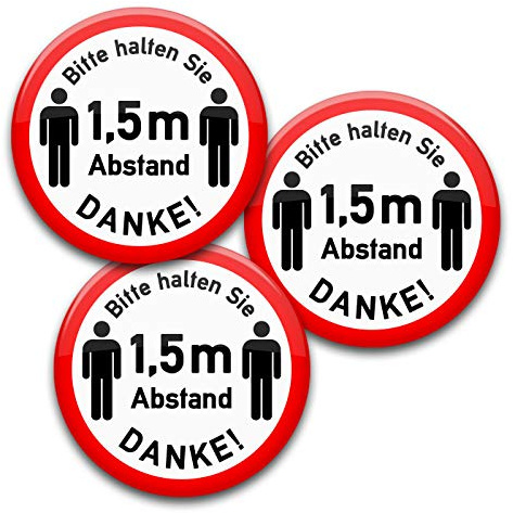 Buttons: Bitte halten Sie 1,5 m Abstand! | 3er Set Anstecker (56 mm, Abstand 3 3er Set)