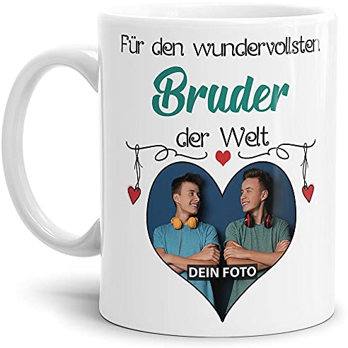 Tasse mit Spruch - Wundervollster Bruder der Welt - personalisiert mit Wunschfoto - Geschenkidee für den besten Bruder - Weiß, 300 ml