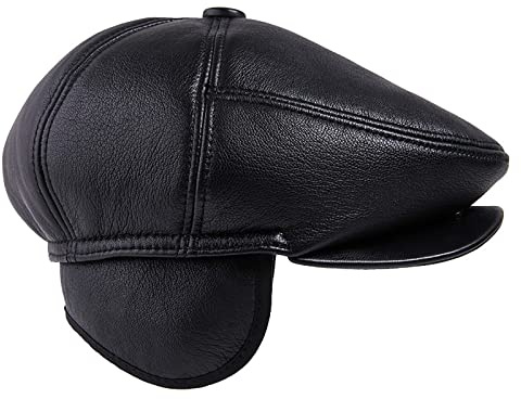 WHSPORT Herren Schiebermütze mit Ohrenklappen Schirmmütze Wintercap Barett Cap Newsboy Leder Gatsby Flatcap (Color : Black, Size : 57-58)
