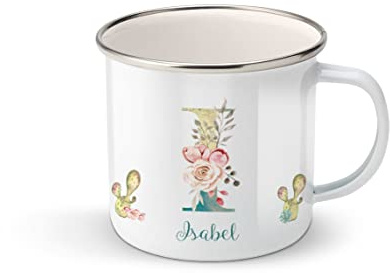 Taza personalizada con inicial y nombre, taza regalo de navidad, taza ilustración llama, cactus (I)