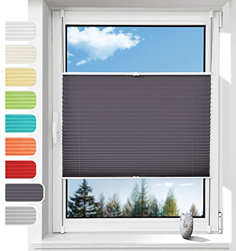 Linhu Plissee ohne Bohren mit Klemmhalter Anthrazit 45x120cm (BxH), Faltrollo Jalousie Sichtschutz und Sonnenschutz, Blickdicht & Lichtdurchlässig, Rollo für Fenster & Tür