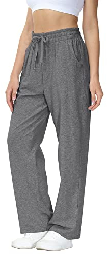 HMIYA Jogginghose Damen Baumwolle Freizeithose Lang offenem Boden Yogahose Sporthose Geradem Bein Hose mit Taschen(Dunkelgrau XXL)