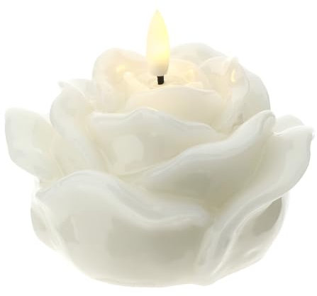 Hervit Candela LED a Forma di Rosa Laccata Bianca Finta Fiamma Oscillante - Scatola Regalo - 2 Colori - Candela di Cera a Fiore Illuminazione Rilassante Senza Filo - Batterie Non Incluse - Ø12x8cm