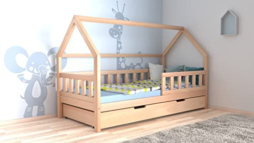Bett Buche Hausbett Schublade Natur Zaun Holz Haus Hausbett 140x200 cm, Tola3
