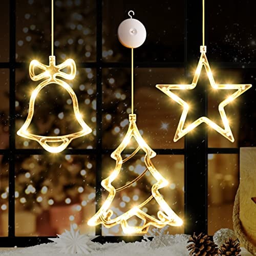 LYUBASA Timer 3Pcs Christmas Window Lights Decorations, Battery Powered Hanging Warm White Lighted Tree Bell Star Shaped LED Sucker for Xmas Tree Fireplace Indoor Decor