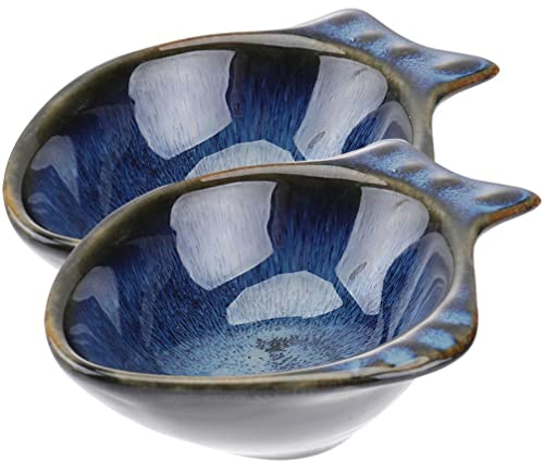 CALLARON Keramik-Dip-Schüssel – 10,9 cm Fischform Saucenschalen, 57 ml Porzellan-Servierschüssel, kleine Schüssel für Vorspeisen, Sushi-Sojasauce, Snacks, Gewürze, spülmaschinenfest, 2 Stück