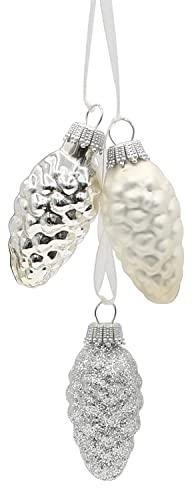 Dekohelden24 2 Stück Edler Lauschaer Christbaumschmuck - Krebs Glas Lauscha - Christbaumschmuck Glaszapfen 2er Set mit 3 Tannenzapfen in Silber mit Textilband 6cm, Glanz, matt, glitzernd.