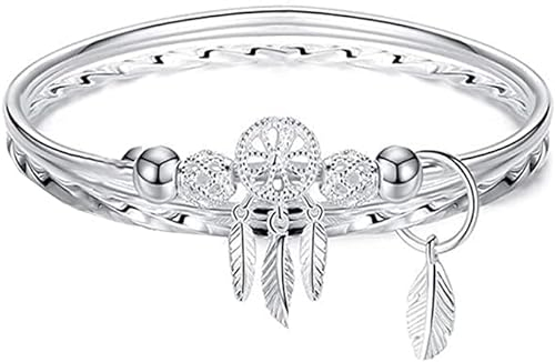 MAKOBLESSMOMO Silber Traumfänger Quaste Feder Charm Armband Armreif verstellbar Schmuck Geschenk Geburtstag Weihnachtsgeschenke für Frauen Mutter Frau Mädchen