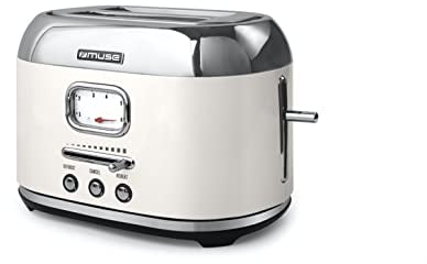 Muse Edelstahl-Toaster in beige und retro Design, analoge Anzeige, beleuchtete Tasten, 6 Bräunungsstufen, 2 Scheiben, MS-120 SC, Vintage Look in beige, mit Krümelschublade