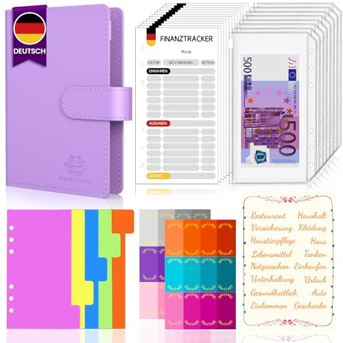 Budget Planner Deutsch Budget Binder A6 - Vollständig Deutsch Design, Bugetplaner mit Folien Deutsch, Finanzplaner, Geld Organizer, Cash Stuffing Deutsch Set (Violett)