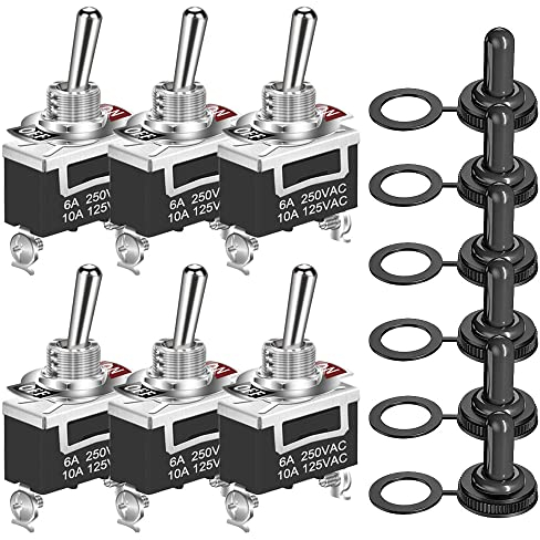 GUUZI Servicio Pesado Interruptor de Palanca Basculante 12V-24V-48V-110V/10A, 220V-230V/6A, SPST Interruptor de Encendido/Apagado de 2 Pines Barra de Metal Cubierta de Tapa Impermeable - 6 Pack