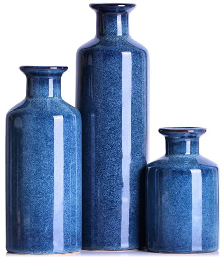 Dunkelblaue Keramikvase für Heimdekoration, Blaue Vasen, Set mit 3 kleinen Vasen, dekorative Vasen für Tisch, Kamindekoration, Bücherregal, Wohnzimmer, dekorative Note für jeden Raum, rustikale