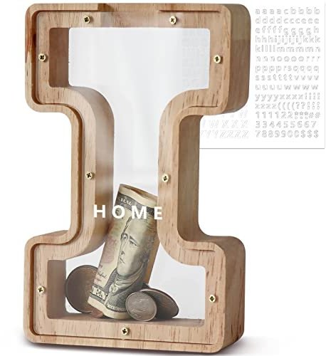 DBPBToU Tirelire en Bois en Forme de Lettre, Tirelire Cochon Personnalisée pour Enfants, Tirelire Billet Transparente Créative pour Cadeaux de Festivals/Décoration Intérieure/Souvenir (I)