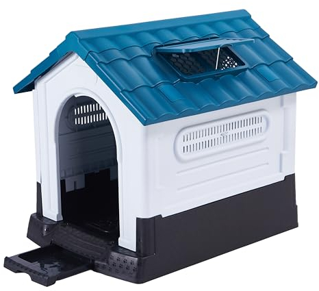 Lanco - Zwinger für kleine Hunde mit verstellbarem Dach und Toilette. Innen- und Außenbereich mit Lüftungsgittern. Widerstandsfähiges Material. 83x67x76cm. Blau und weiß.